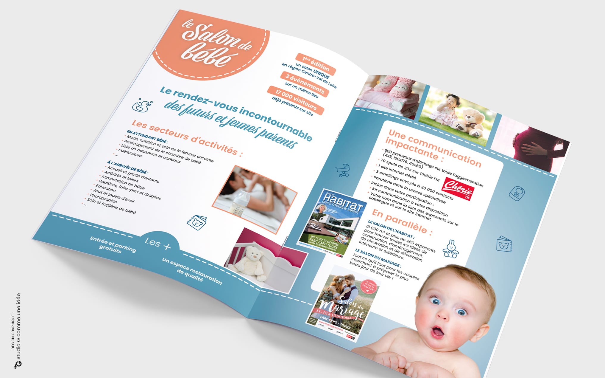Pages intérieures de la brochure commerciale pour la campagne de communication du Salon de bébé