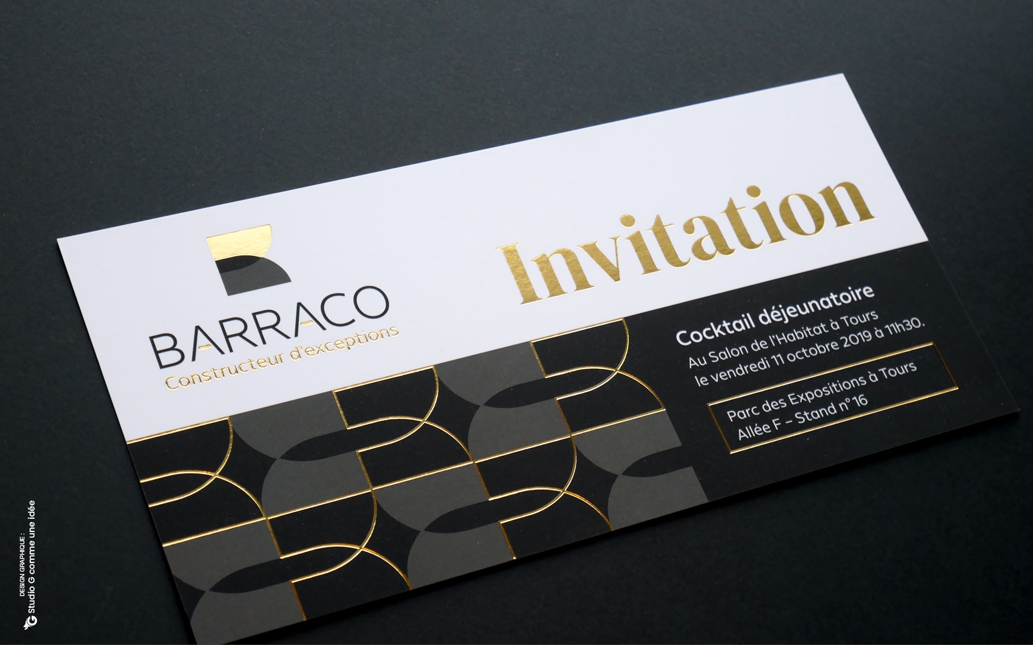 Carton d'invitation BARRACO dorure à chaud refonte d'identité 